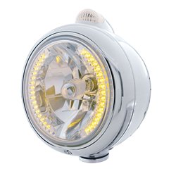 UP32423-Stainless Steel Guide 682-C Headlight H4 With Amber LED & Dual Mode LED Signal-Clear Lens