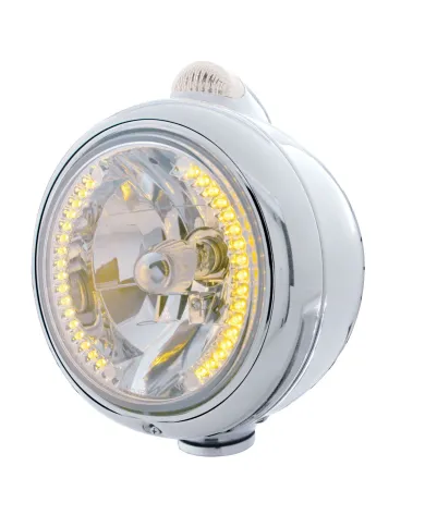 UP32427-Chrome Guide 682-C Headlight H4 With Amber LED & Dual Mode LED Signal - Clear Lens