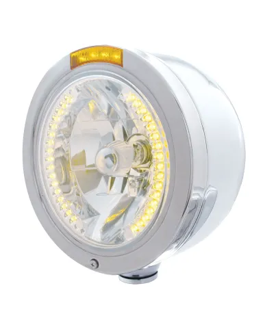 UP32446-Stainless Steel Bullet Half Moon Headlight H4 With Amber LED & Dual Mode LED Signal-Amber Lens
