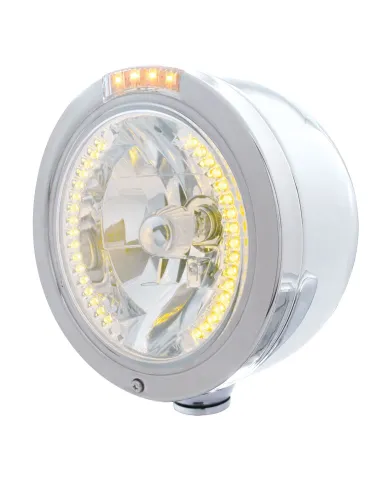 UP32449-Stainless Steel Bullet Half Moon Headlight H4 With Amber LED & Signal - Clear Lens
