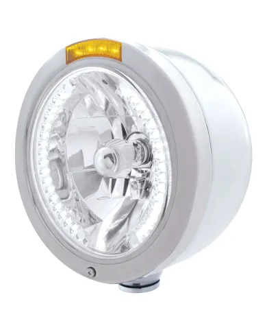 UP32450-Stainless Steel Bullet Half Moon Headlight H4 With White LED & Dual Mode LED Signal-Amber Lens