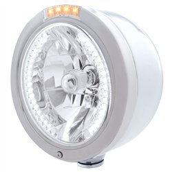 UP32451-Stainless Steel Bullet Half Moon Headlight H4 With White LED & Dual Mode LED Signal-Clear Lens