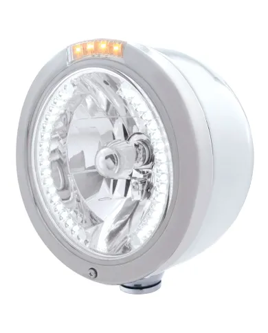 UP32451-Stainless Steel Bullet Half Moon Headlight H4 With White LED & Dual Mode LED Signal-Clear Lens