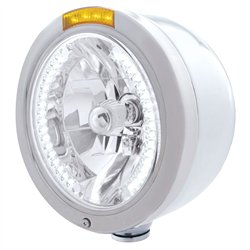 UP32452-Stainless Steel Bullet Half Moon Headlight H4 With White LED & Signal - Amber Lens