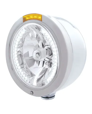 UP32452-Stainless Steel Bullet Half Moon Headlight H4 With White LED & Signal - Amber Lens