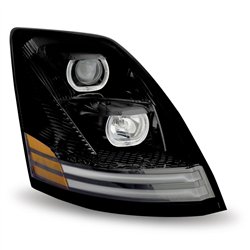 TXTLED-H55 - Volvo VNL Incandescent Headlight Assembly with LED - Runnig Light / Turn Signal - Black (Passenger Side)