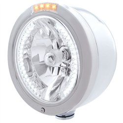 UP32453-Stainless Steel Bullet Half Moon Headlight H4 With White LED & Signal - Clear Lens