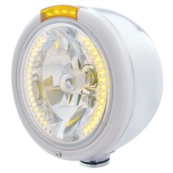 UP32454-Stainless Steel Classic Half Moon Headlight H4 With Amber LED & Dual Mode LED Signal-Amber Lens