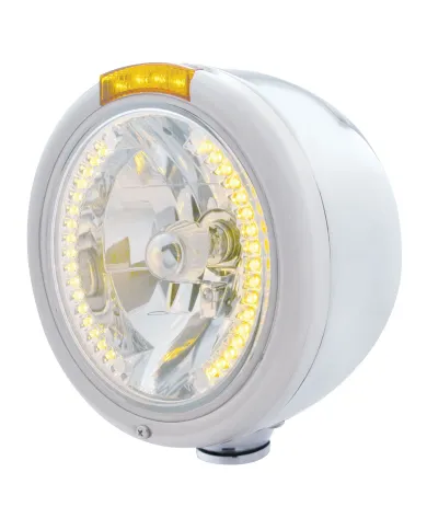 UP32454-Stainless Steel Classic Half Moon Headlight H4 With Amber LED & Dual Mode LED Signal-Amber Lens