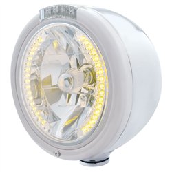 UP32455-Stainless Steel Classic Half Moon Headlight H4 With Amber LED & Dual Mode LED Signal-Clear Lens
