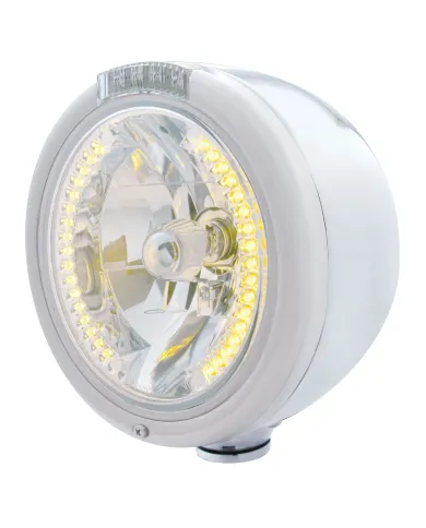 UP32455-Stainless Steel Classic Half Moon Headlight H4 With Amber LED & Dual Mode LED Signal-Clear Lens