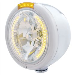 UP32456-Stainless Steel Classic Half Moon Headlight H4 With Amber LED & Signal - Amber Lens