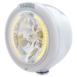 UP32457-Stainless Steel Classic Half Moon Headlight H4 With Amber LED & Signal - Clear Lens