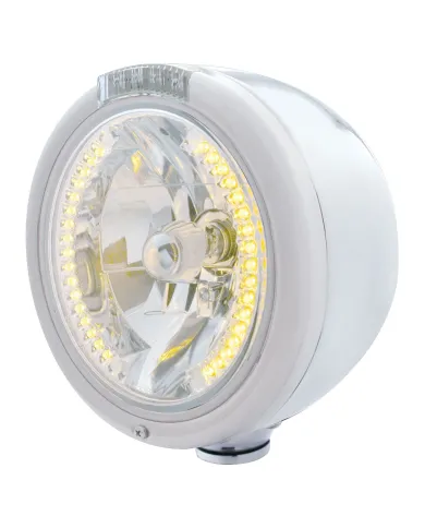 UP32457-Stainless Steel Classic Half Moon Headlight H4 With Amber LED & Signal - Clear Lens