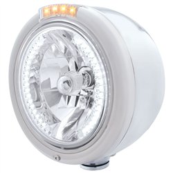 UP32459-Stainless Steel Classic Half Moon Headlight H4 With White LED & Dual Mode LED Signal-Clear Lens