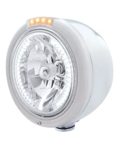 UP32459-Stainless Steel Classic Half Moon Headlight H4 With White LED & Dual Mode LED Signal-Clear Lens