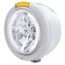 UP32460-Stainless Steel Classic Half Moon Headlight H4 With White LED & Signal - Amber Lens