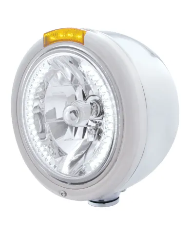 UP32460-Stainless Steel Classic Half Moon Headlight H4 With White LED & Signal - Amber Lens