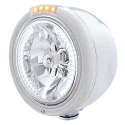 UP32461-Stainless Steel Classic Half Moon Headlight H4 With White LED & Signal - Clear Lens