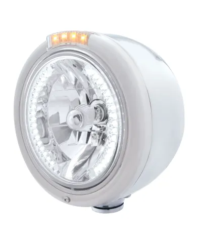 UP32461-Stainless Steel Classic Half Moon Headlight H4 With White LED & Signal - Clear Lens
