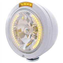 UP32462-Stainless Steel Bullet Classic Headlight H4 With Amber LED & Dual Mode LED Signal - Amber Lens