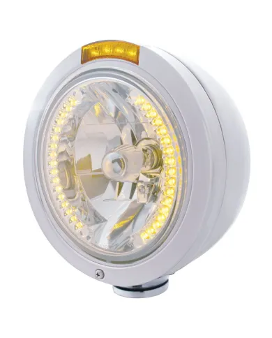 UP32462-Stainless Steel Bullet Classic Headlight H4 With Amber LED & Dual Mode LED Signal - Amber Lens