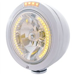 UP32463-Stainless Steel Bullet Classic Headlight H4 With Amber LED & Dual Mode LED Signal - Clear Lens