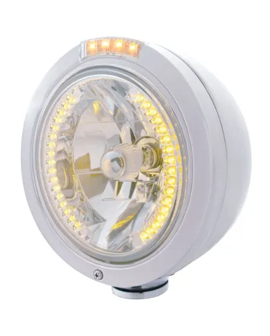 UP32463-Stainless Steel Bullet Classic Headlight H4 With Amber LED & Dual Mode LED Signal - Clear Lens