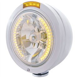 UP32464-Stainless Steel Bullet Classic Headlight H4 With Amber LED & Signal - Amber Lens