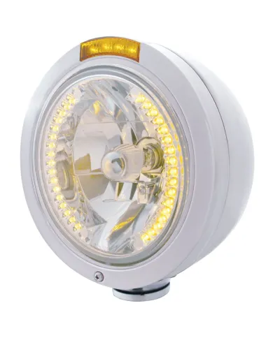 UP32464-Stainless Steel Bullet Classic Headlight H4 With Amber LED & Signal - Amber Lens