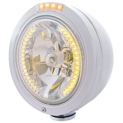 UP32465-Stainless Steel Bullet Classic Headlight H4 With Amber LED & Signal - Clear Lens