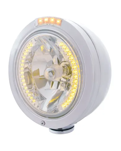 UP32465-Stainless Steel Bullet Classic Headlight H4 With Amber LED & Signal - Clear Lens
