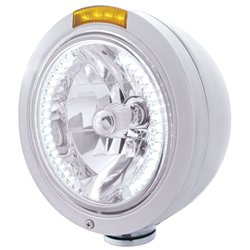 UP32466-Stainless Steel Bullet Classic Headlight H4 With White LED & Dual Mode LED Signal-Amber Lens