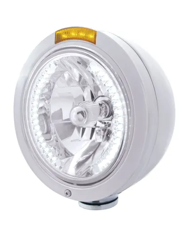 UP32466-Stainless Steel Bullet Classic Headlight H4 With White LED & Dual Mode LED Signal-Amber Lens