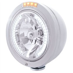 UP32467-Stainless Steel Bullet Classic Headlight H4 With White LED & Dual Mode LED Signal-Clear Lens
