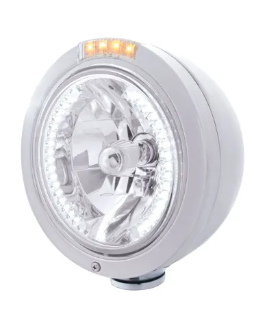 UP32467-Stainless Steel Bullet Classic Headlight H4 With White LED & Dual Mode LED Signal-Clear Lens