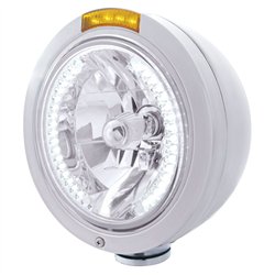 UP32468-Stainless Steel Bullet Classic Headlight H4 With White LED & Signal - Amber Lens