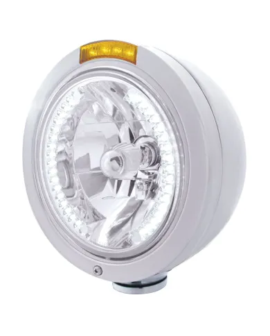 UP32468-Stainless Steel Bullet Classic Headlight H4 With White LED & Signal - Amber Lens