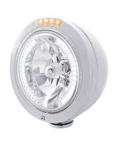 UP32469-Stainless Steel Bullet Classic Headlight H4 With White LED & Signal - Clear Lens