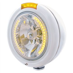 UP32470-Stainless Steel Classic Headlight H4 With 34 Amber LED & Dual Mode LED Signal - Amber Lens