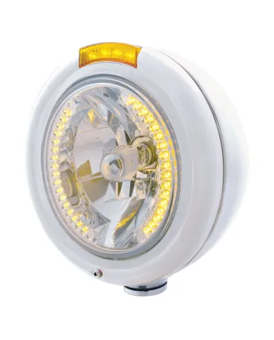 UP32470-Stainless Steel Classic Headlight H4 With 34 Amber LED & Dual Mode LED Signal - Amber Lens