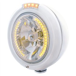 UP32471-Stainless Steel Classic Headlight H4 With 34 Amber LED & Dual Mode LED Signal - Clear Lens