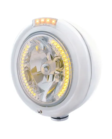 UP32471-Stainless Steel Classic Headlight H4 With 34 Amber LED & Dual Mode LED Signal - Clear Lens