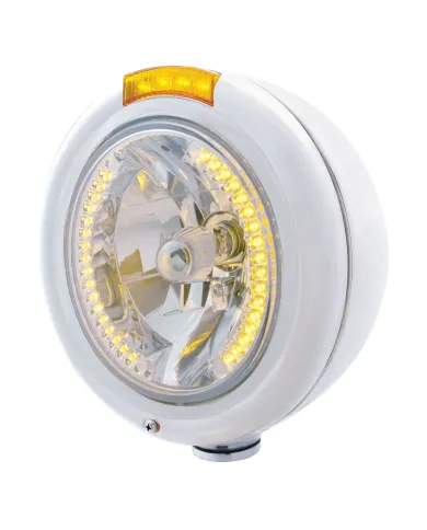 UP32472-Stainless Steel Classic Headlight H4 With 34 Amber LED & Signal - Amber Lens