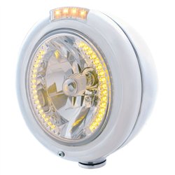 UP32473-Stainless Steel Classic Headlight H4 With 34 Amber LED & Signal - Clear Lens