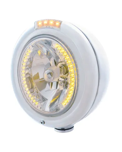 UP32473-Stainless Steel Classic Headlight H4 With 34 Amber LED & Signal - Clear Lens
