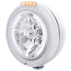 UP32475-Stainless Steel Classic Headlight H4 With 34 White LED & Dual Mode LED Signal - Clear Lens