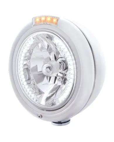 UP32475-Stainless Steel Classic Headlight H4 With 34 White LED & Dual Mode LED Signal - Clear Lens