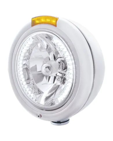 UP32476-Stainless Steel Classic Headlight H4 With 34 White LED & Signal - Amber Lens