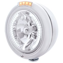 UP32477-Stainless Steel Classic Headlight H4 With 34 White LED & Signal - Clear Lens